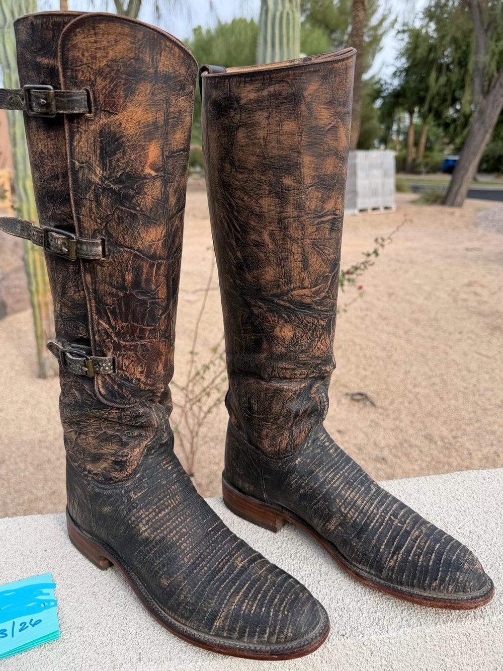 Lucchese Lieutenant Tegu Lizard Leather Riding Boots Adjustable Calf Size 8.5